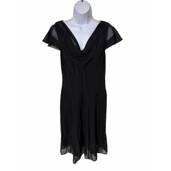 Bicé Petite Black Chiffon Cowl Neck Flutter Sleeve Dress 10P - Picture 2 of 8